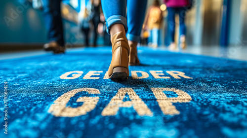 Woman walking on a carpet with  GENDER GAP  text  portraying the ongoing journey towards gender equality and the challenges faced in the pursuit of closing the gender divide