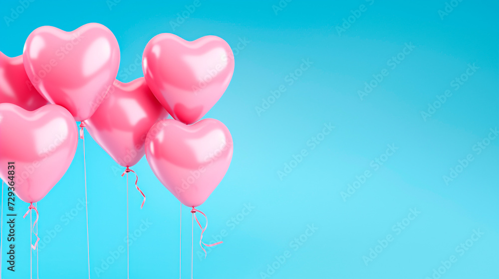 a bunch of pink heart shaped balloons on a blue background