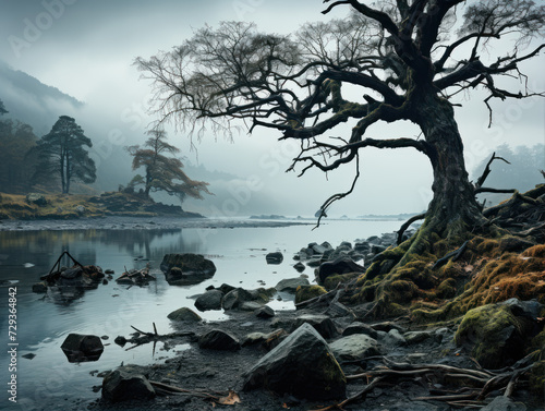 View of ancient trees in the middle of the river and fog