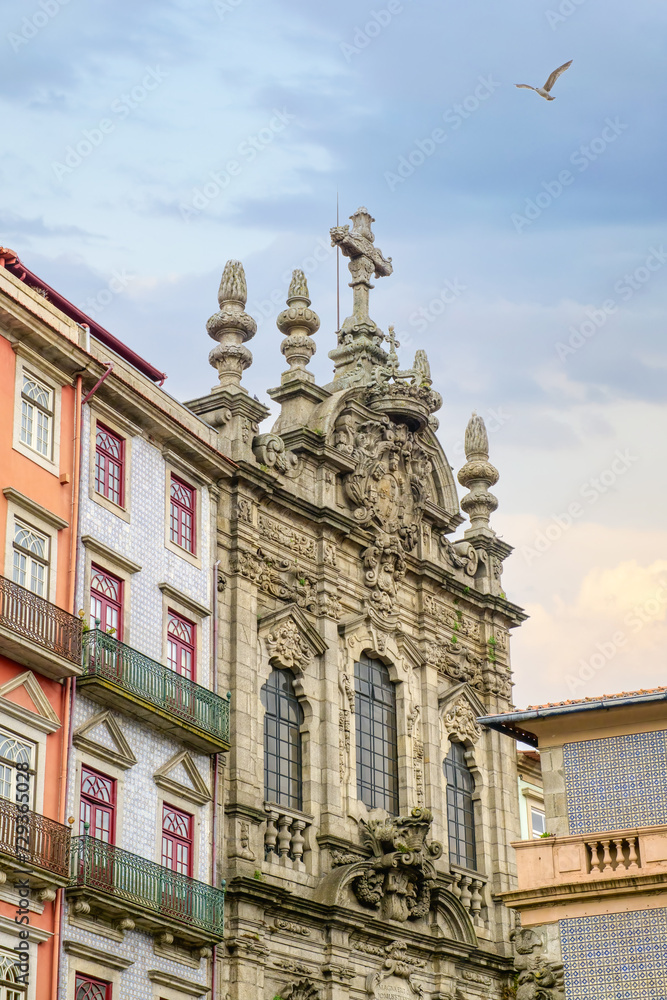 Stone facade of medieval church in Porto, Portugal