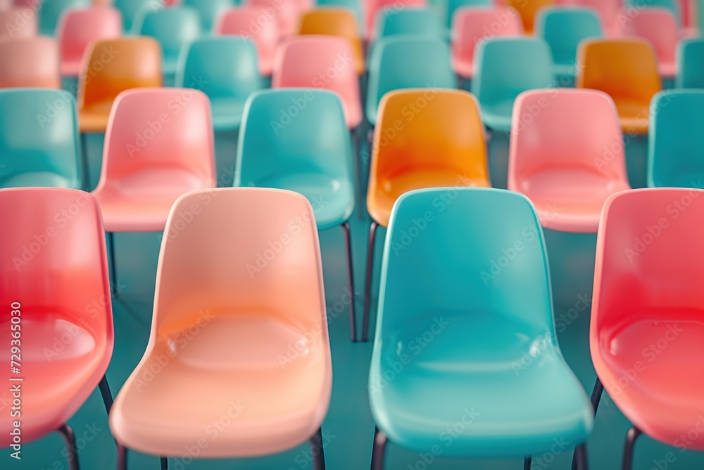 Fototapeta premium A Vibrant Array of Multicolored Chairs Arranged in Rows, Illustrating Diversity and Unity in a Modern Setting