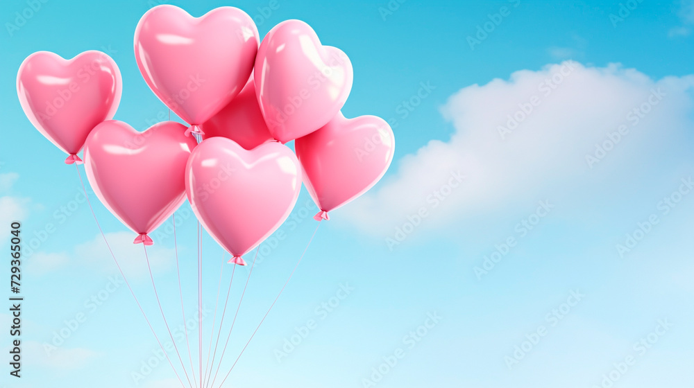 a bunch of pink heart shaped balloons on a blue background