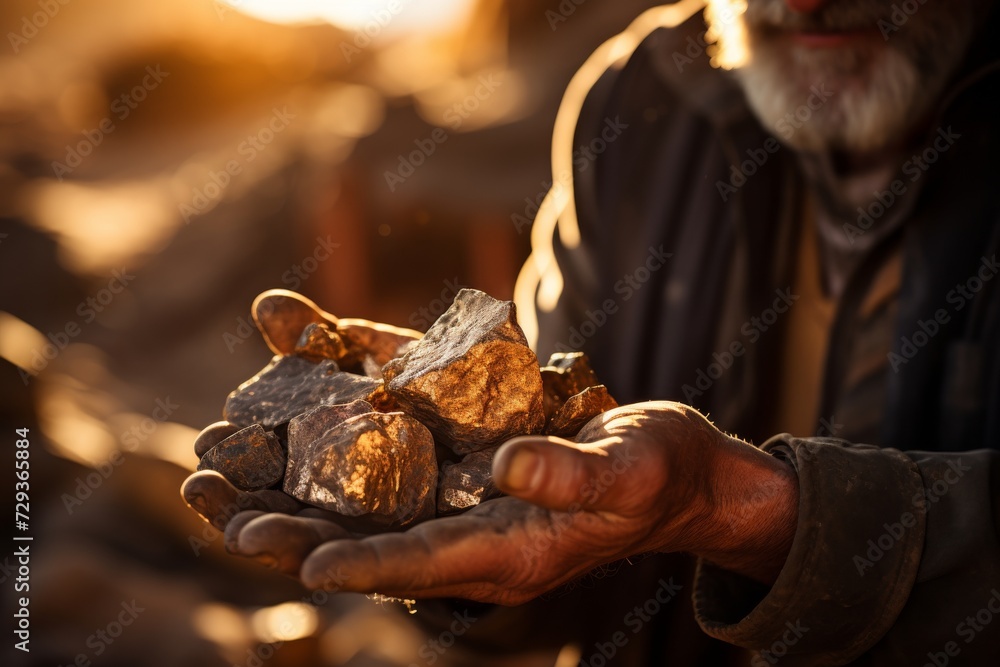 A person's hand presenting a large gold nugget with the entrance to a mine visible in the background, symbolizing successful prospecting.
