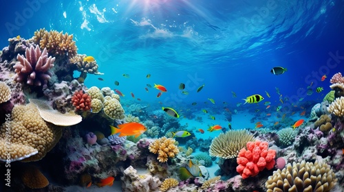 Underwater coral reef landscape wide panorama background  in the deep blue ocean with colorful fish and marine life © Tahir