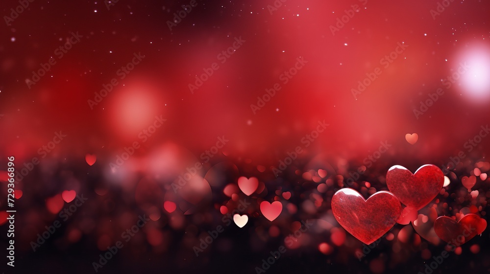 Valentine's Day red and black Background. Holiday Blinking Abstract Valentine Backdrop with Glowing Hearts. Heart Shape Bokeh. Love concept. Valentines art vivid design. Romantic wide