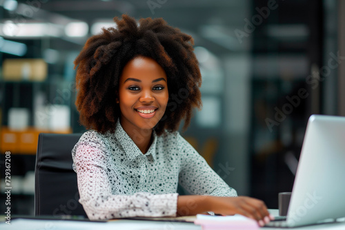 clerk beautiful african american woman sitting and working in an office  photo
