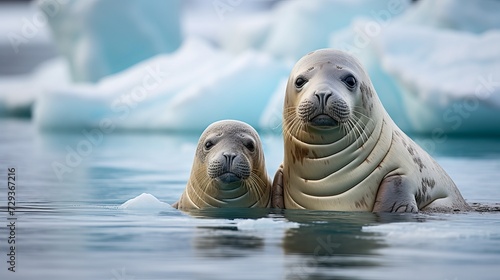Walrus and her pup floating on ice in a fjord , Eastern Greenland
