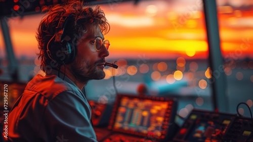 male air traffic controller in an air traffic control tower with a headset, overlooking the runway