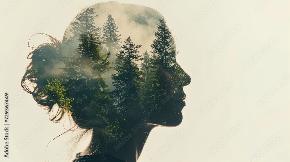 Mindful Fusion: Woman merges with nature in stunning double exposure. Explore the wilderness within. Unlock your inner green paradise. Mindful Fusion: Woman merges with nature in stunning double exposure. Explore the wilderness within. Unlock your inner green paradise.