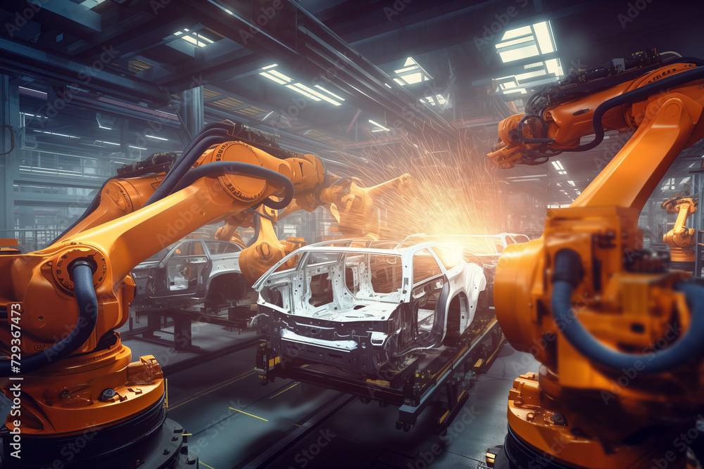 Automated Robotic arms line welding assembly car working at futuristic ...