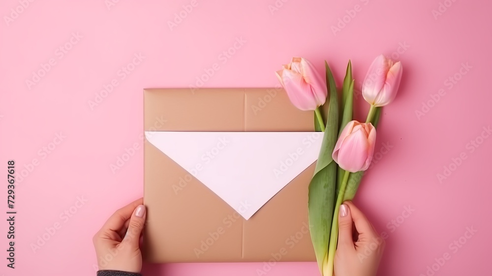 Woman's hands holding a letter in craft envelope. Pink background, women's day concept. Tulips flower and pink gift box in background. Womens home desk Woman's hands holding a letter in craft envelope. Pink background, women's day concept. Tulips flower and pink gift box in background. Womens home desk