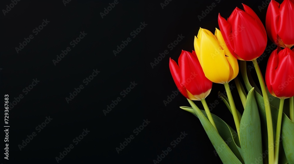 Yellow tulip on a red background. Spring flowers, The concept of spring or holiday, March 8, International Women's Day Yellow tulip on a red background. Spring flowers, The concept of spring or holiday, March 8, International Women's Day