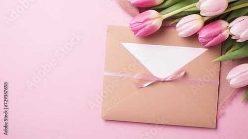 Woman's hands holding a letter in craft envelope. Pink background, women's day concept. Tulips flower and pink gift box in background. Womens home desk