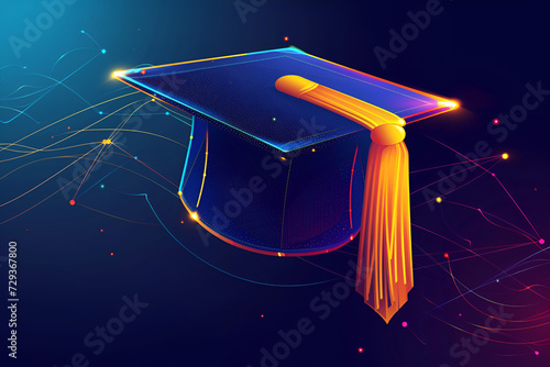 Blue Graduation cap with tassel in neon holographic Logo design photo