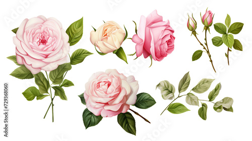 Pink Roses Collection: Exquisite Floral Elements for Perfume, Garden Design, and Digital Art - Top View, Isolated on Transparent Background for Elegant Designs and Fresh Spring Concepts. © Spear