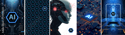Artificial intelligence. AI. Modern technologies. Vector illustration of logo, pattern, futuristic background and robot woman for flyer, poster or cover