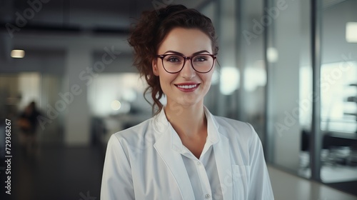Young successful female worker of scientific laboratory in whitecoat and eyeglasses standing by glass wall inside office in front of camera