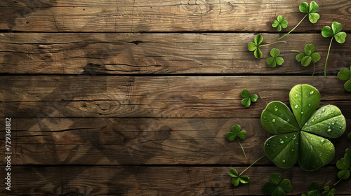 Closeup clovers leaves setup on wooden background for   St. Patricks Day - AI Generated