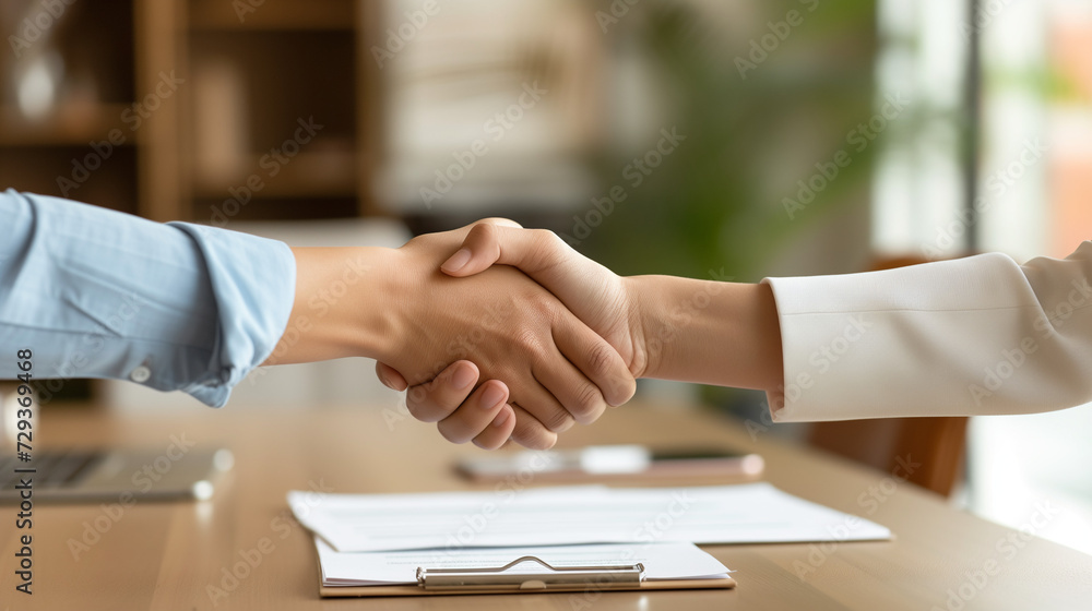 Professional handshake between man and woman at table with documents, emphasizing fairness and equality, against a neutral office background for business and gender equality concepts