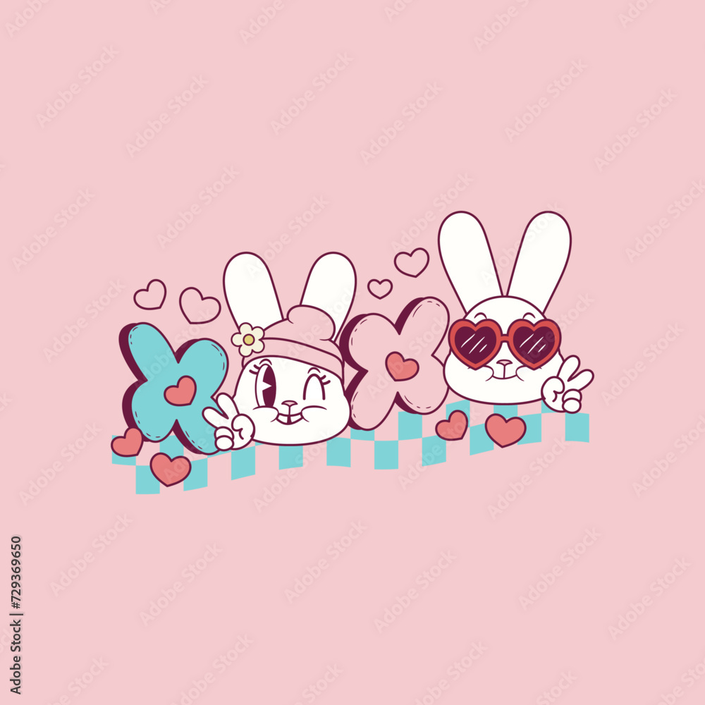 cute retro illustration of easter bunnies of love and peace 