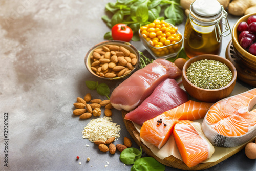 Variety of nutrient-rich protein foods on gray table background with copy space. Healthy foods high in protein.