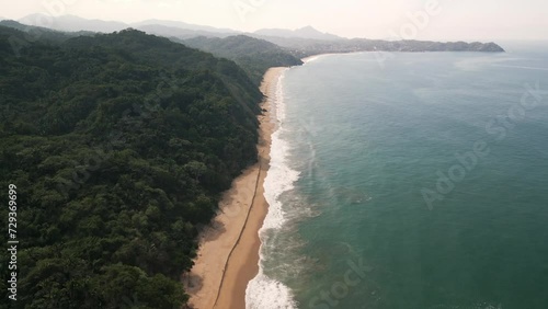 Aerial Drone Landscape of San Pancho Nayarit Beach Pristine Beach, Green Hills in Unpolluted Travel Destination photo