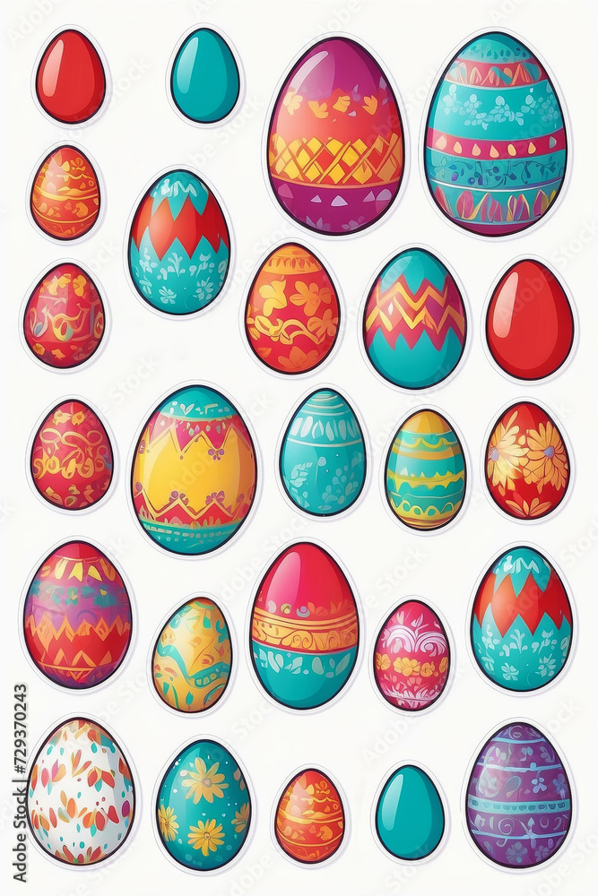 A set of Easter egg stickers. Beautiful, painted, colored. Isolated on a white background.