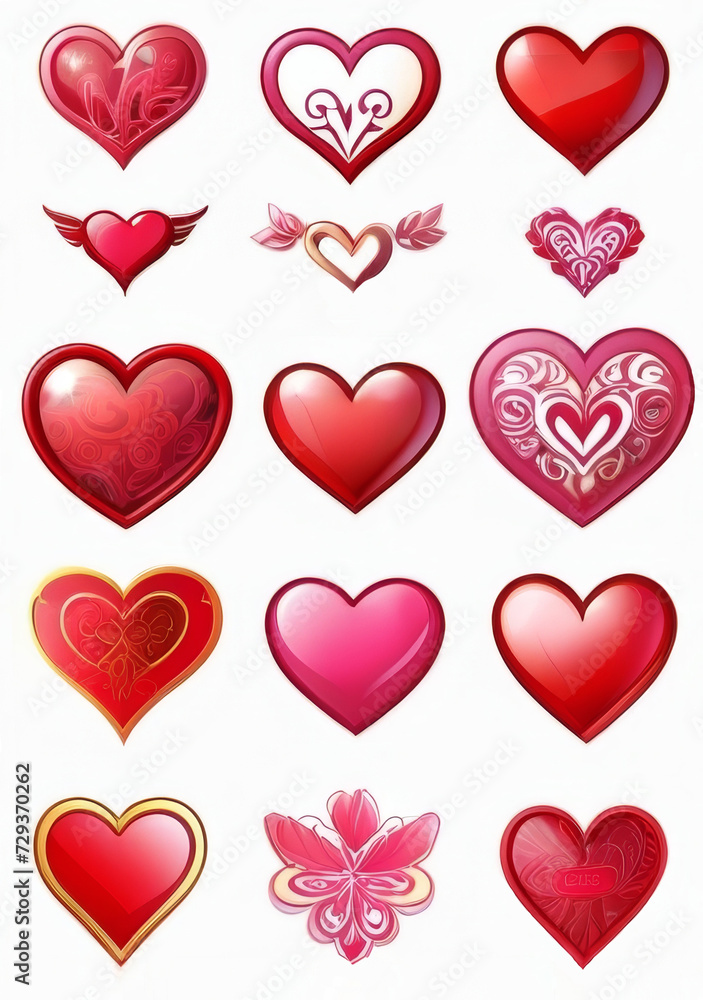 A set of heart stickers. Colored, different. Isolated on a white background. Happy valentine's day concept.