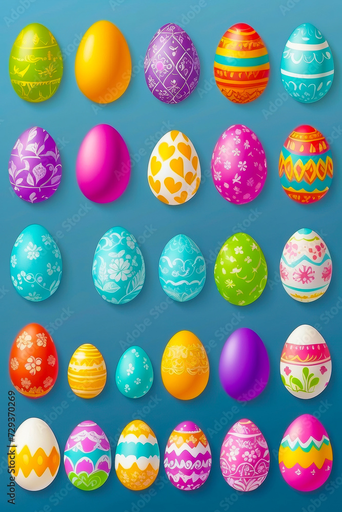 A set of Easter egg stickers. Beautiful, painted, colored. Isolated on a blue background.