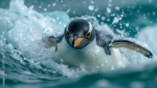 Penguin Navigating Through Splashing Waves