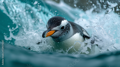 Penguin Navigating Through Splashing Waves