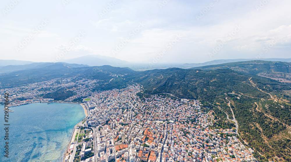 Kavala, Greece. Panoramic view of the city and the bay. Mountains and sea. Aerial view
