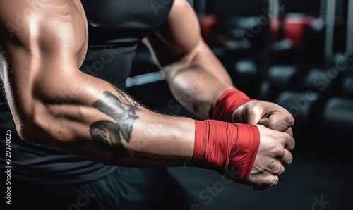 Tattooed Man Holding Red Boxing Gloves