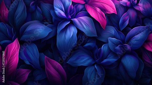 Vibrant Blue and Purple Flowers and Leaves with Neon Glow in a Seamless Pattern
