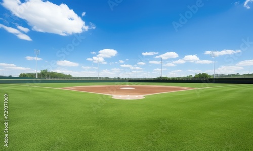 A Baseball Field With a Blue Sky and Clouds