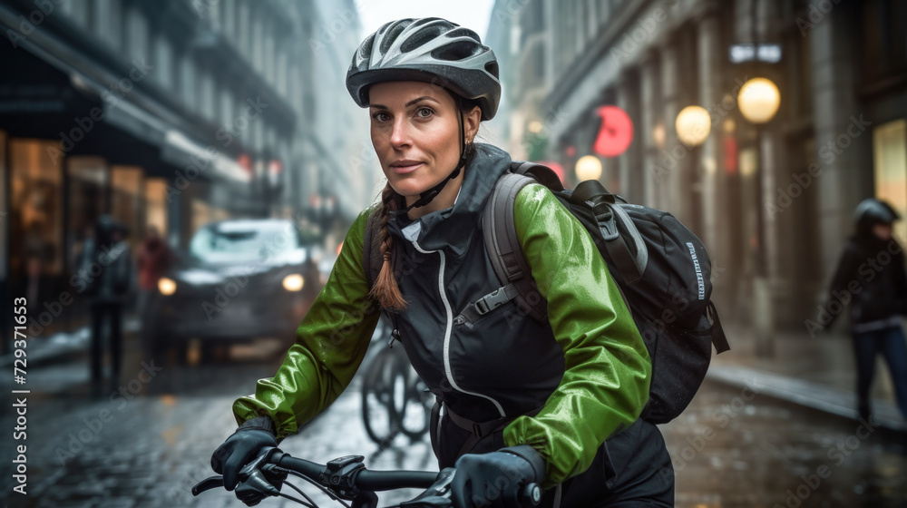 Light Green and Black City Life: Female Biker on Delivery Duty Light Green and Black City Life: Female Biker on Delivery Duty