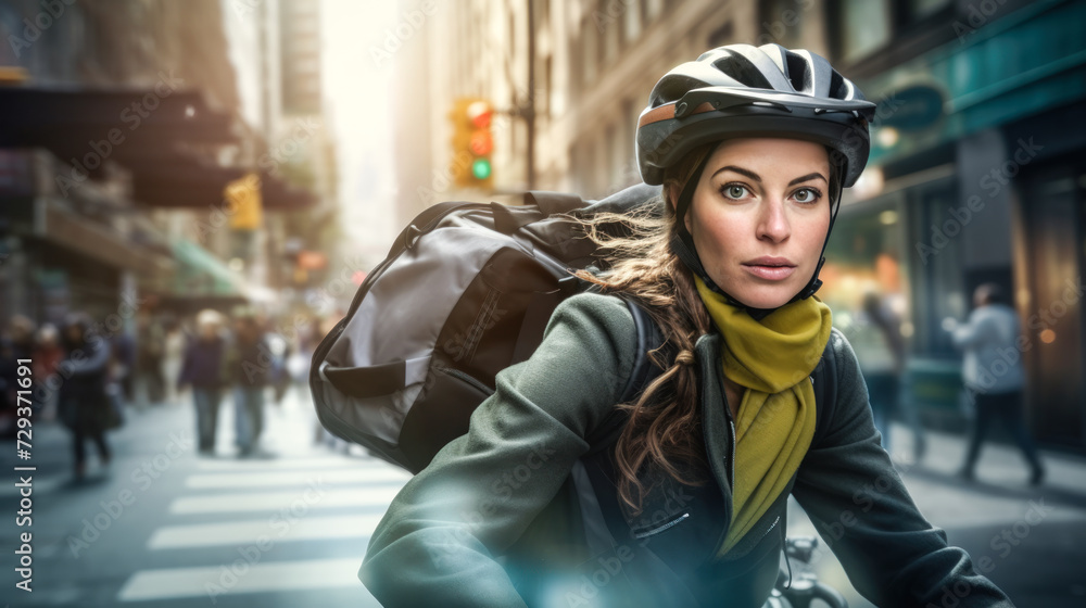 Female Bike Messenger Riding Through Busy Light Green and Black Streets Female Bike Messenger Riding Through Busy Light Green and Black Streets