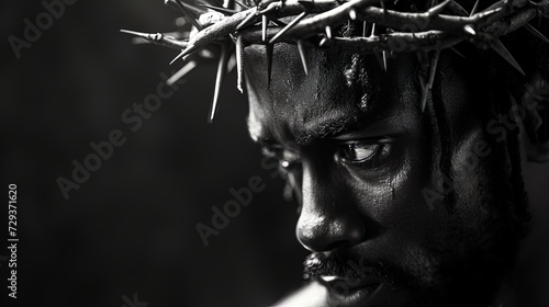 Sacred Savior: Witness the powerful black and white close-up portrait of Jesus Christ adorned with a crown of thorns. Experience divine presence. photo