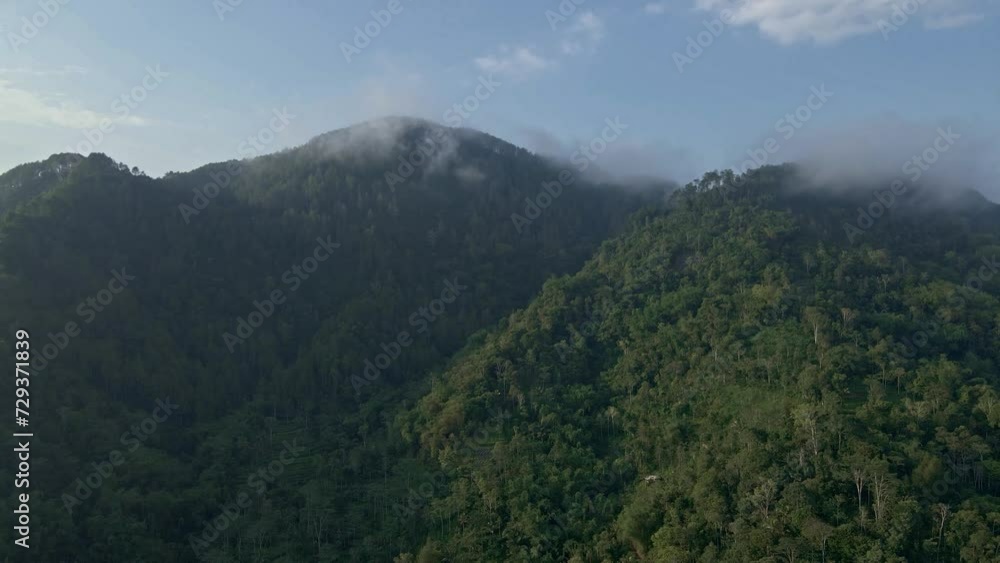 Aerial of mountain forest against blue sky in sunny morning. Drone shot of tropical rain forest on the hill. Aerial of mountain forest against blue sky in sunny morning. Drone shot of tropical rain forest on the hill.