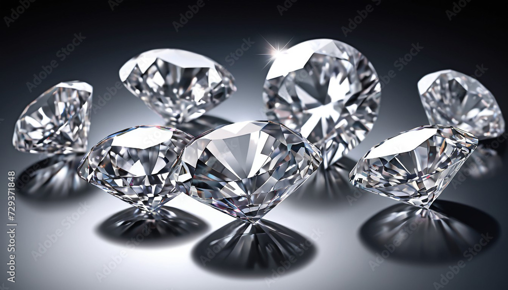 Brilliant cut diamonds sparkle intensely scattered on a reflective surface 3 Brilliant cut diamonds sparkle intensely scattered on a reflective surface 3