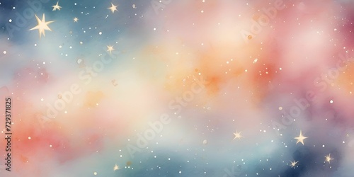 Pastel multicolored watercolor with shiny stars and bokeh effect, fantastic magical texture. background