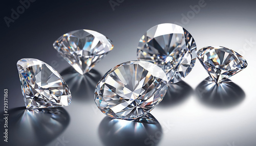 Brilliant cut diamonds sparkle intensely scattered on a reflective surface 2