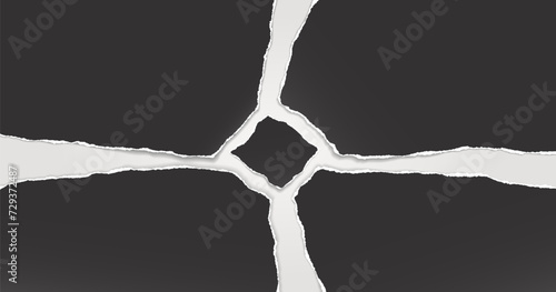 Torn, ripped black paper with soft shadow is on white background for text or ad.