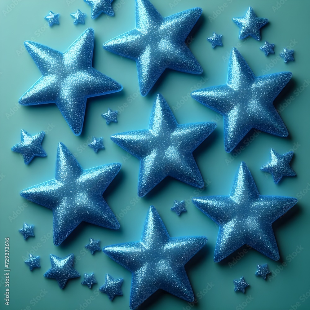Shimmering Silver and Blue Stars Arranged in a Row on Teal Background Shimmering Silver and Blue Stars Arranged in a Row on Teal Background