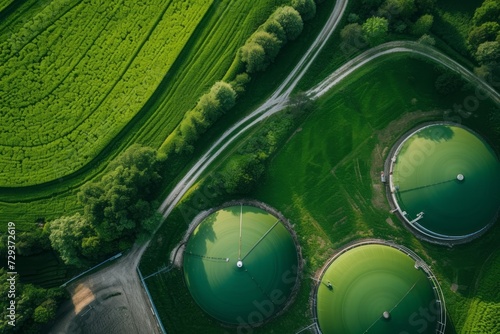 Aerial view of green biogas plant storage tanks in green fields