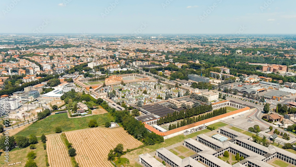 Parma, Italy. Cemetery Della Villetta (Cimitero della Villetta). Summer day, Aerial View