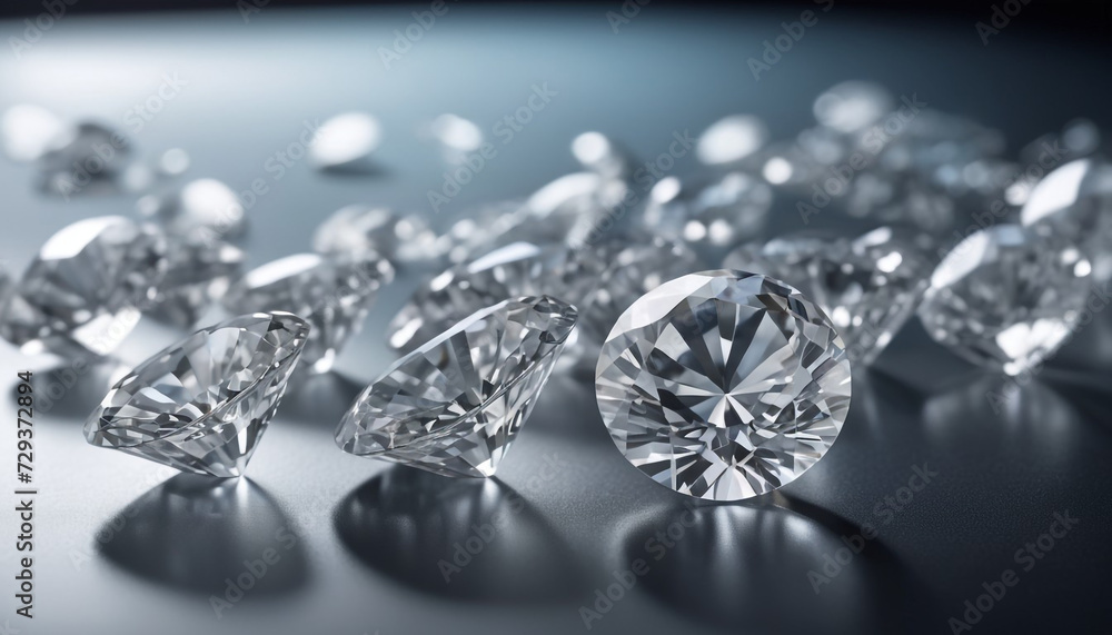 Brilliant cut diamonds sparkle intensely scattered on a reflective surface 10 Brilliant cut diamonds sparkle intensely scattered on a reflective surface 10