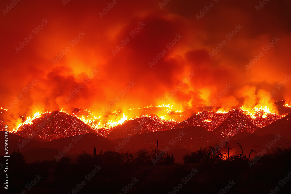 Catastrophic Mountain Blaze with Intense Flames and Dark Smoke Illuminating the Night Sky