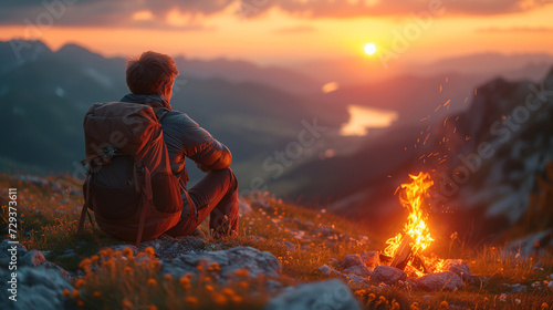 Back view of a hiker sitting beside a campfire, taking in the breathtaking sunset over a mountain landscape and river.