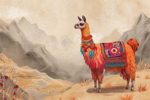 Illustration of cute lama on nature and studio background